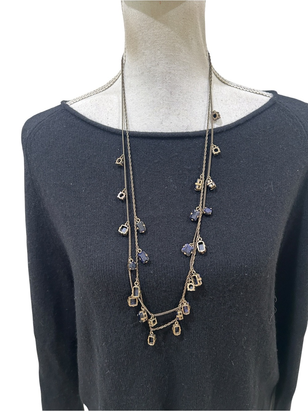 Ann Taylor Long Layered Necklace with Navy Blue Glass Accents marked